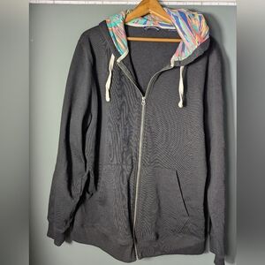 Black Zip-Up Hoodie with Colorful Hood Lining